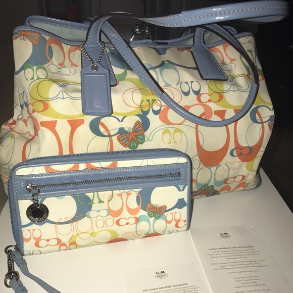 COACH multi-colored "C" handbag and wallet