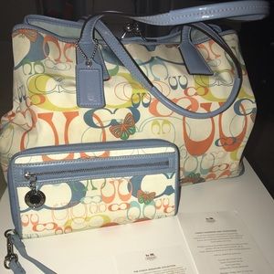 COACH multi-colored "C" handbag and wallet