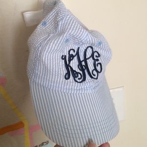 Monogrammed seersucker hat.