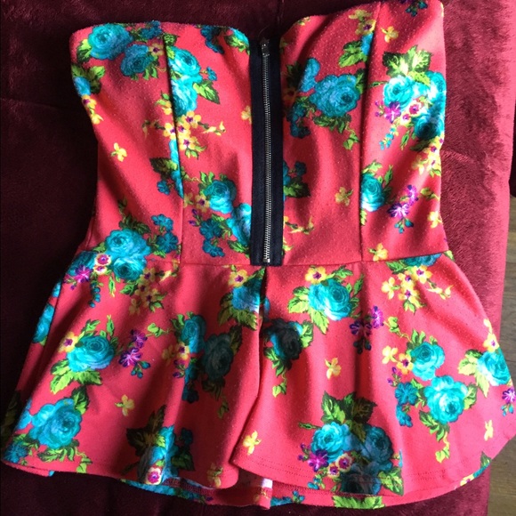 flowery orange strapless peplum shirt