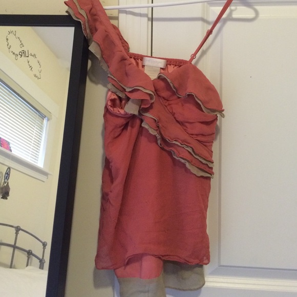 Pink and tan ruffled shoulder blouse