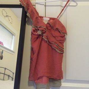 Pink and tan ruffled shoulder blouse
