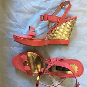 White House Black Market Patent woven bow wedge