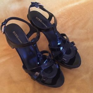 BCBG Gen, Black patent leather platform heel.
