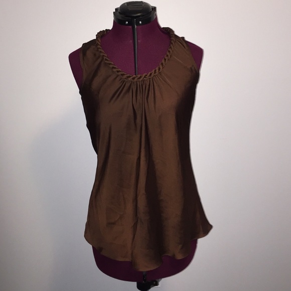 Brown "silk" top with braided neckline