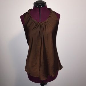 Brown "silk" top with braided neckline