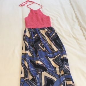 Hot Pink & Blue Patterned Halter Style Maxi Dress
