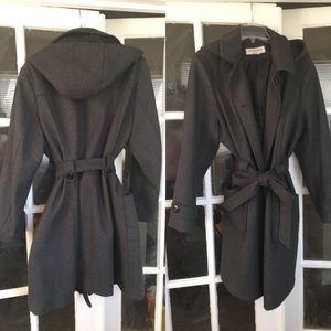Gray Belted Coat With Detachable Hood