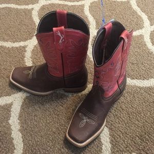 Cabela's Pink/brown leather boots.  Kids Size 3