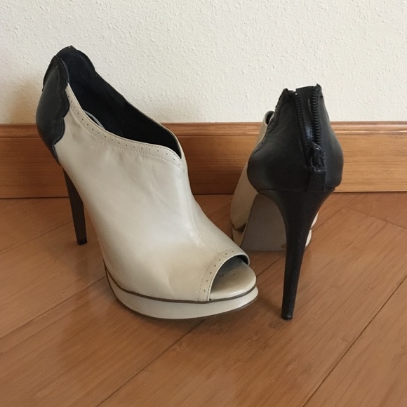 Peep toe black and cream stiletto booties