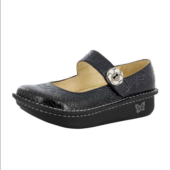 Alegria Paloma Black Embossed Rose Mary Janes