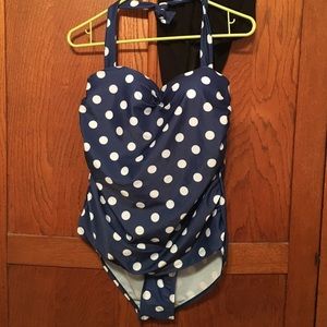 Navy blue polka dot halter top bathing suit new