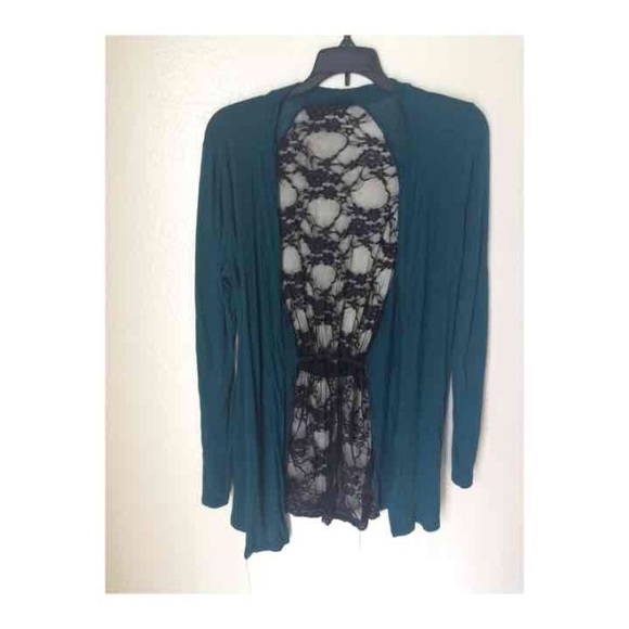 Green/blue cardigan with black lace