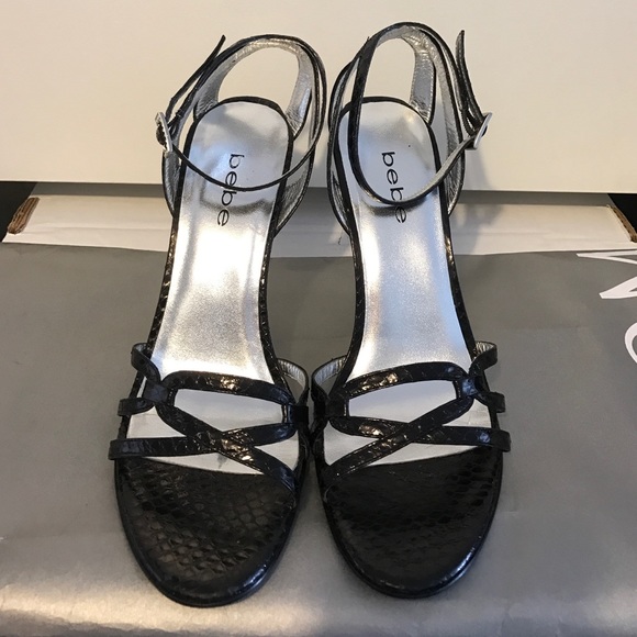 💎Bebe Rhinestone Black Snakeskin Heel Sandals💎