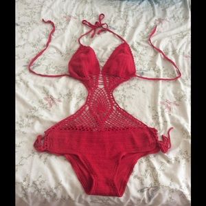 Red Crochet One-Piece Swimsuit