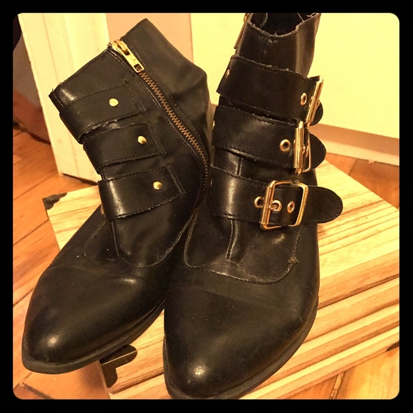 Dolce Vita Black Faux Leather Gold Buckle Booties