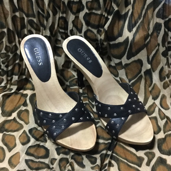 Guess Women's Wooden Black & Silver Studded Heels