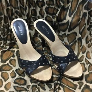 Guess Women's Wooden Black & Silver Studded Heels