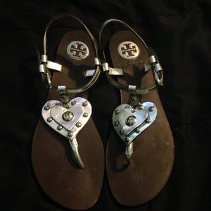 Tory Burch Silver Heart Sandals. Sz 6.5. Like new!