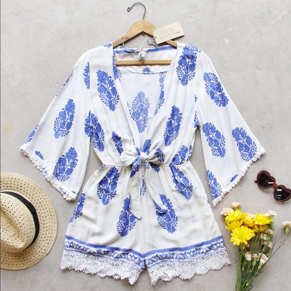 White & Blue lace edged romper