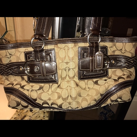 Vintage Coach Brown Leather and Tan Jacquard