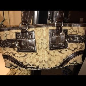 Vintage Coach Brown Leather and Tan Jacquard