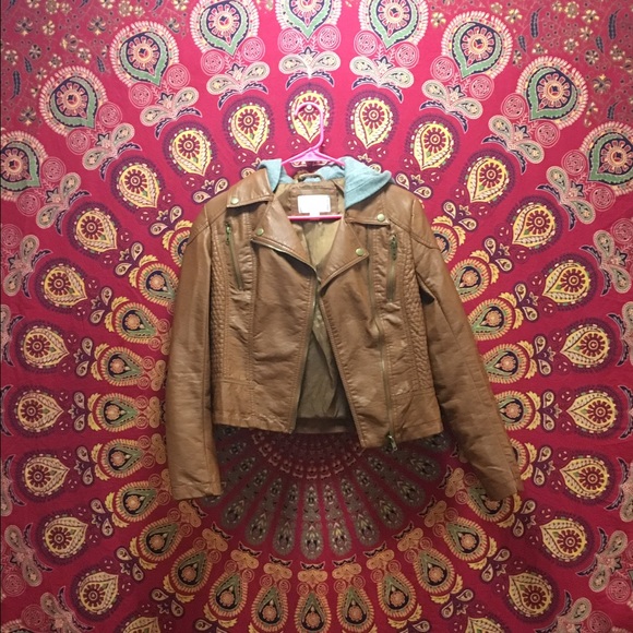 Brown leather jacked w/ Grey hood