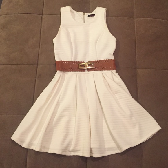 Cream Pleated Skirt Dress with Brown Belt Attached