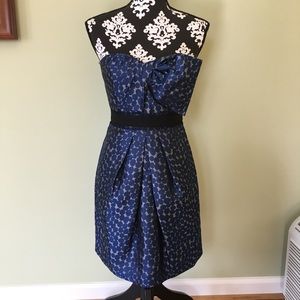 BCBG strapless charcoal and navy polka dot dress