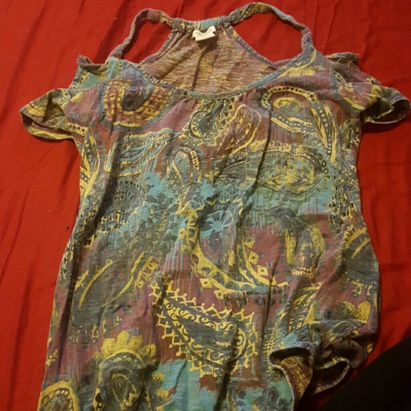 Green, purple, yellow, off shoulder tee
