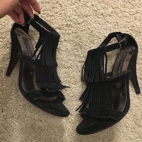 Black Steven suede heels with fringe details