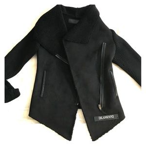 Black faux suede, shearling and leather zip up