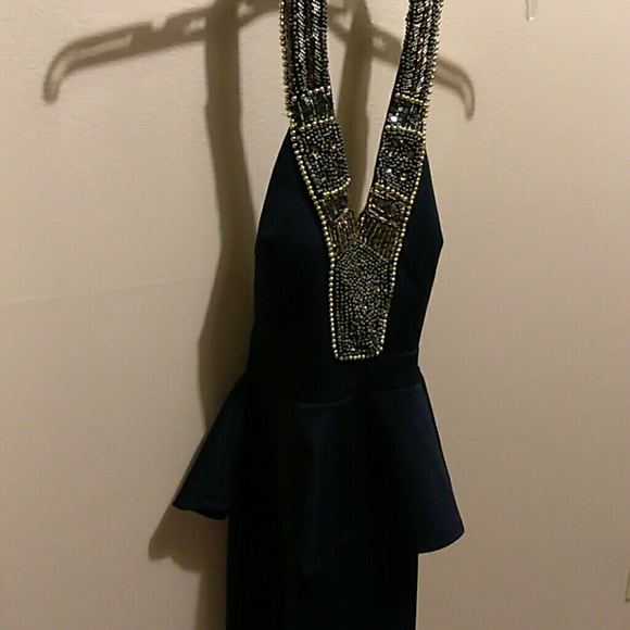 Navy blue dress with beaded neck halter