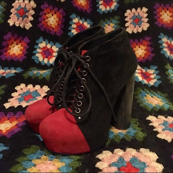 Jeffrey Campbell style black and red lita booties