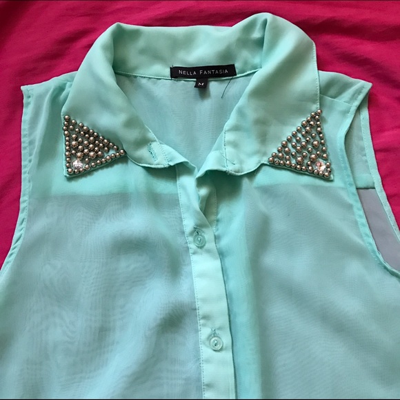 Baby Blue Collared Sleeve-Less Blouse - Picture 2 of 2