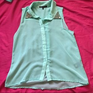 Baby Blue Collared Sleeve-Less Blouse