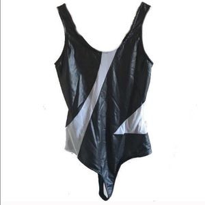 Black Faux Leather Mesh Thong Leotard