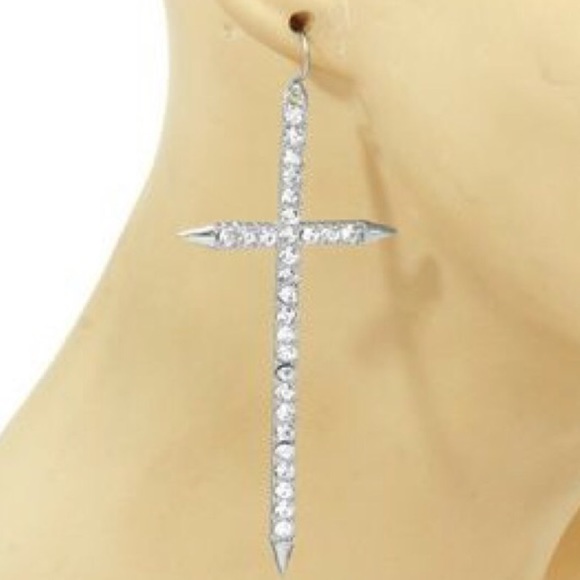 Silver Rhinestone Spike Cross Earrings