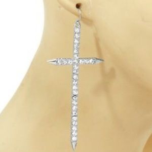 Silver Rhinestone Spike Cross Earrings
