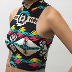 Mock Neck Tribal Colorful Crop Tank Top