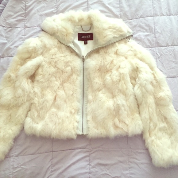 Beautiful white rabbit fur coat with leather trim