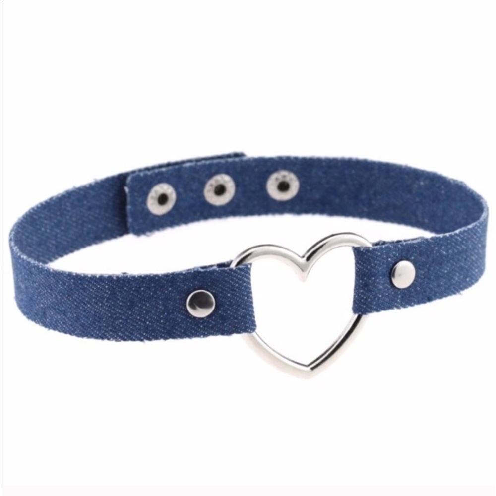 DENIM JEAN HEART Choker Silver Brand New - Picture 1 of 2