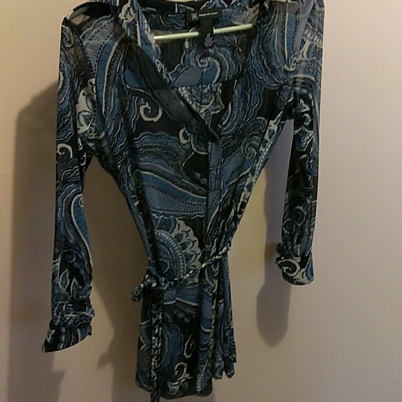 INC Mesh blue print blouse with braided ties