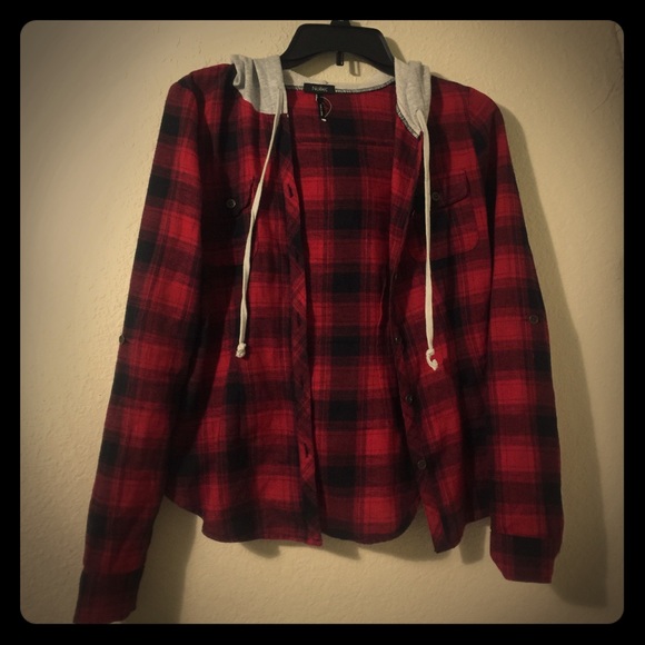 Hooded plaid long sleeve shirt