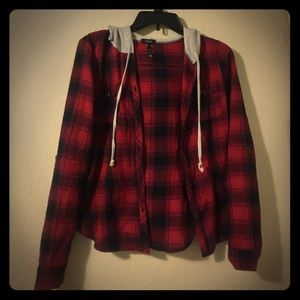 Hooded plaid long sleeve shirt