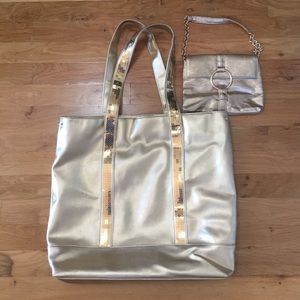 Gold Tote Beach Bag and Clutch Wallet Excellent