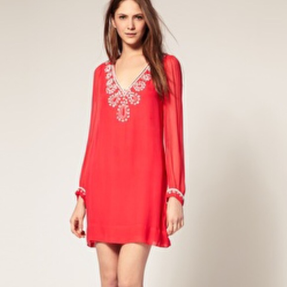 French Connection Beaded Neckline Coral Bex Dress - Picture 1 of 4