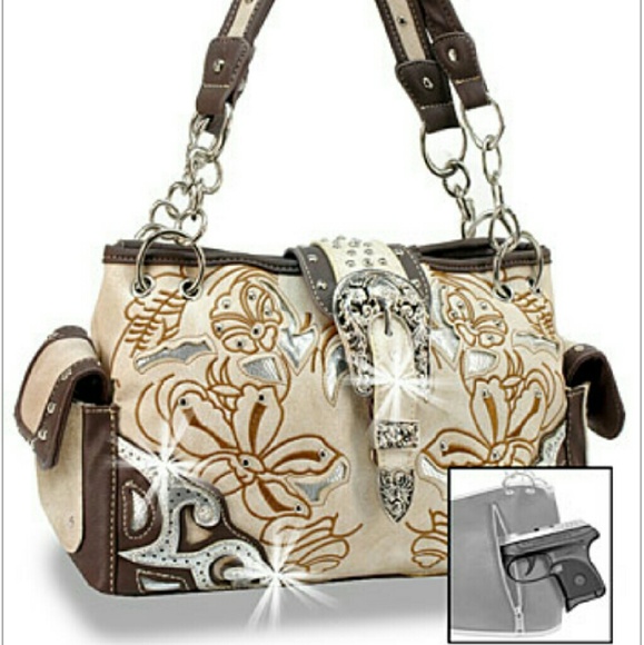 Beige western embroidered concealed weapon handbag