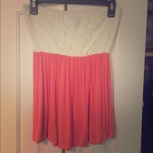 Strapless white lace and pink top