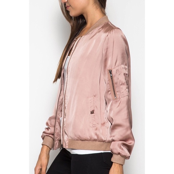 LAST ONE!! Dusty Rose Satin Bomber Jacket - Picture 3 of 4
